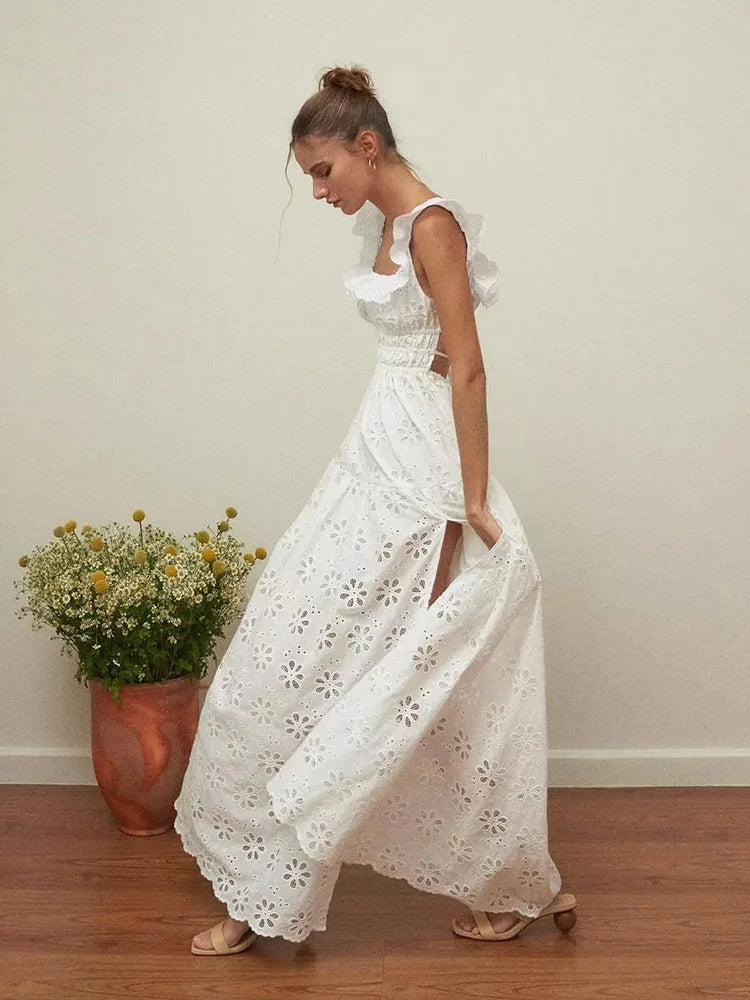 nvxiot - Square Collar White Lace Summer Tank Dress Women Sexy Backless Maxi Long Sundress Holiday Beach Cotton Slip Vestidos Party 2024