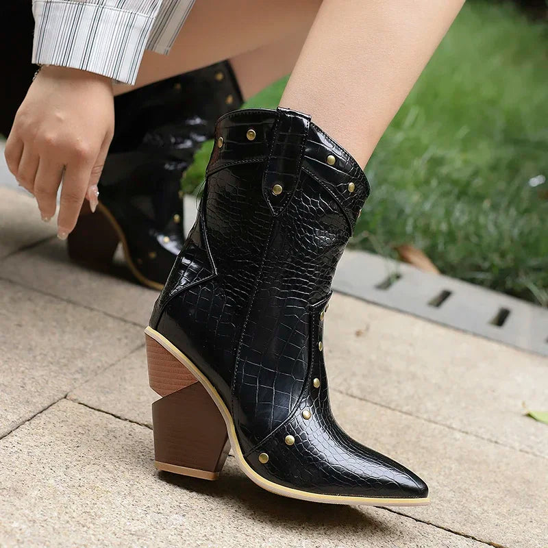 MQTIME - 2024 new autumn winter women ankle boots plus size 22-28cm pu upper pointed toe metal rivet high heel western boots