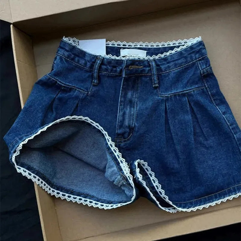 nvxiot - Women's Shorts Summer Dark Blue High Waist Jeans Y2K Straight A Sense of Niche Design Streetwear Vintage Wide Leg Denim Shorts