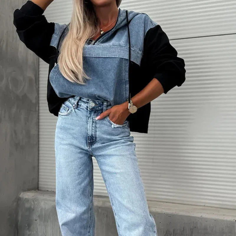 MQTIME - Casual Long Sleeve High Street Sweatshirts Autumn Women's Denim Patchwork Hooded Tops 2024 Fashion Zipper Pocket Loose Pullover