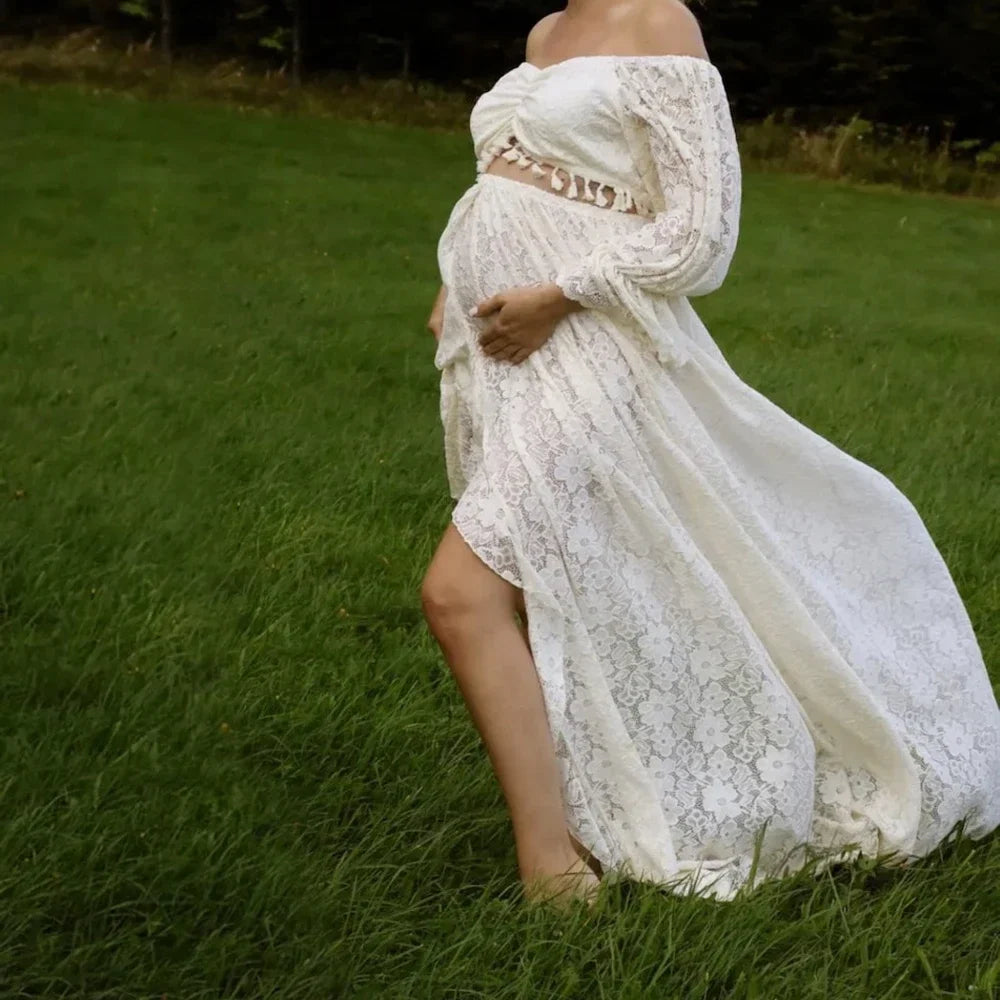 nvxiot - Sexy Boho Maternity Photography Props Dress Hollow Lace Two Piece Set Split Dress Pregnant Dress Baby Shower Dress