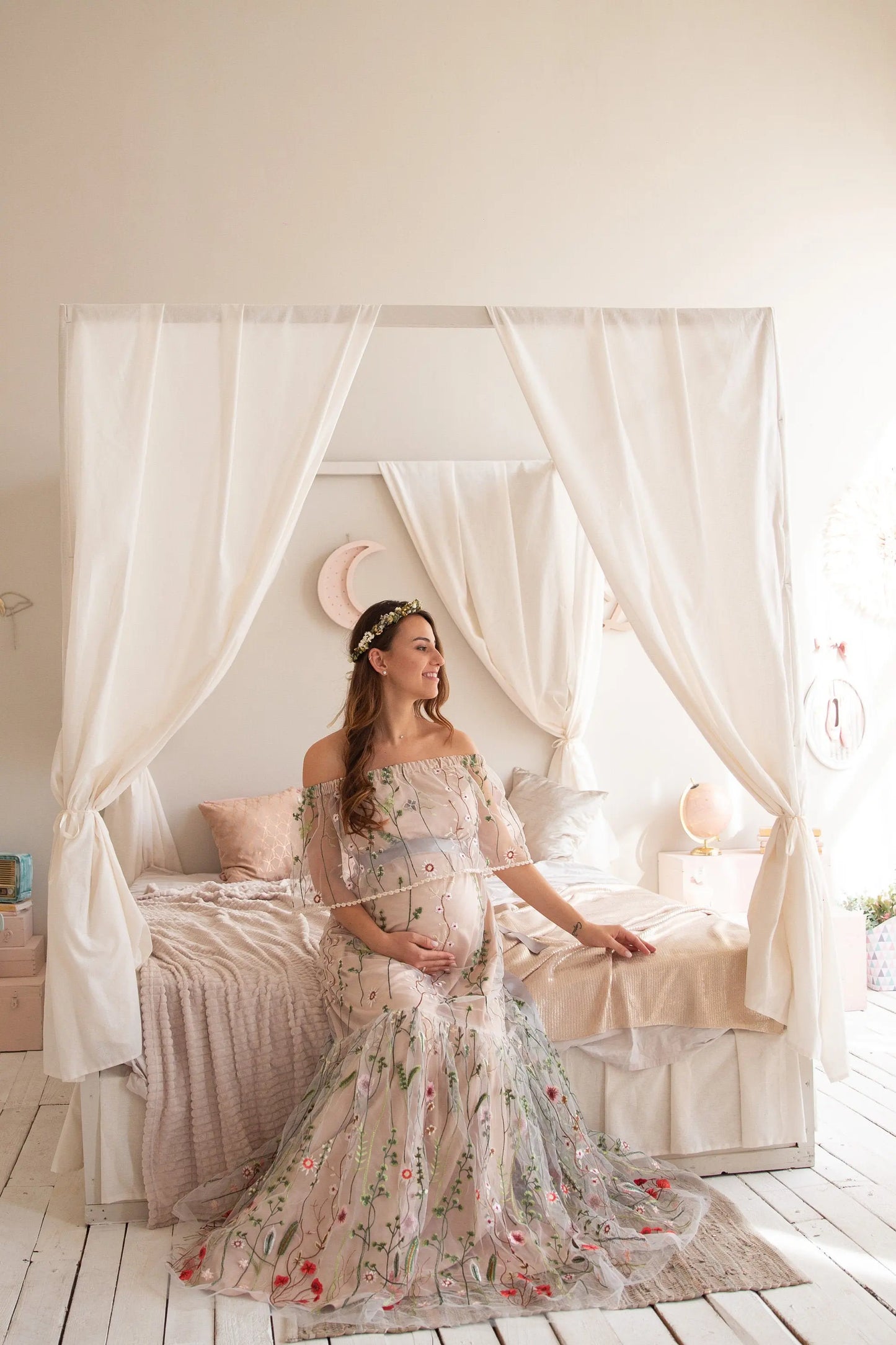 nvxiot - Embroidered Floral Bride Maternity Dress for Photoshoot Wedding Guest Baby Shower Pregnancy Dress Robes for Women
