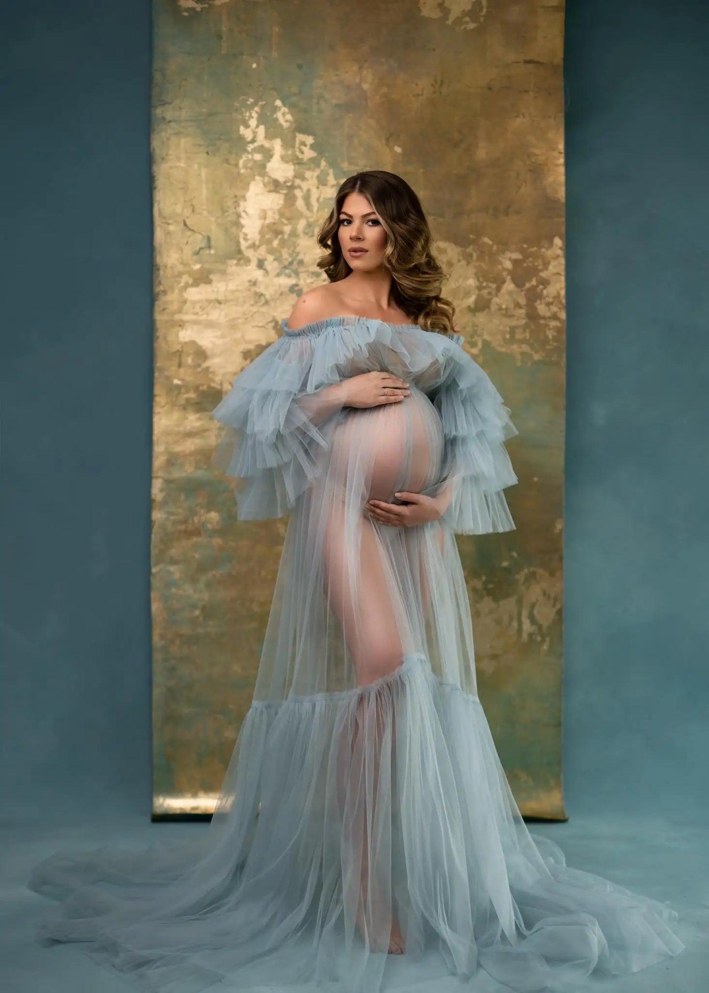 nvxiot - Sheer Tulle Maternity Dress for Photoshoot Off the Shoulder Illusion Tiered Pregnant Women Babyshower Dresses Photography Gown