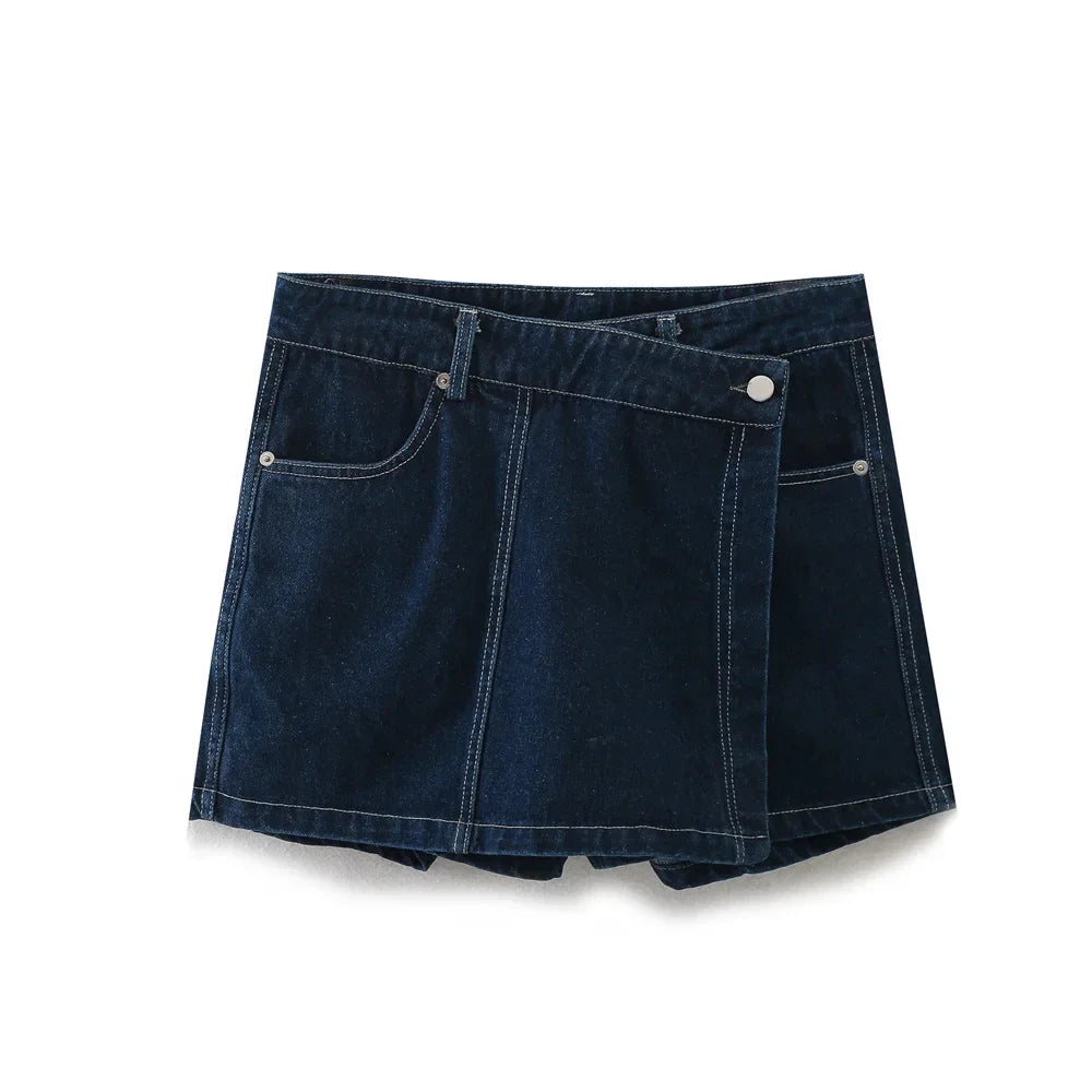 MQTIME - Women's 2024 Summer New Retro Versatile Short Denim Shirt 6164/070 Asymmetric Denim Skirt Shorts 6164/068