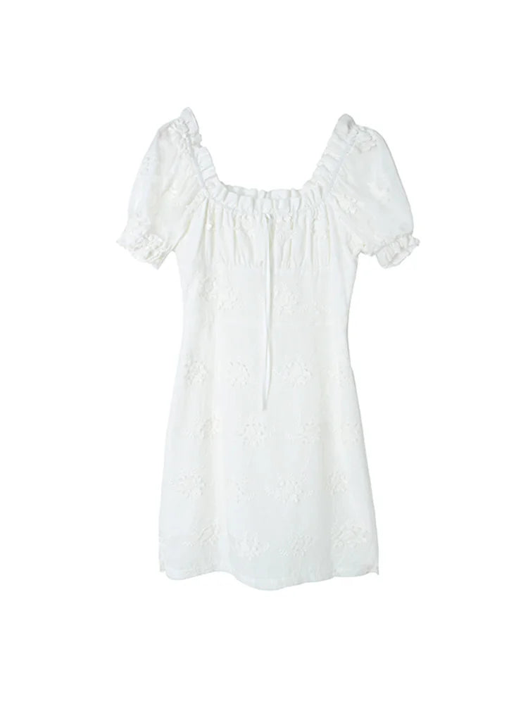 MQTIME - French White Moonlight Square Neck Bubble Sleeve Dress Women's Summer Lace Fragmented Short Skirt Women's Summer
