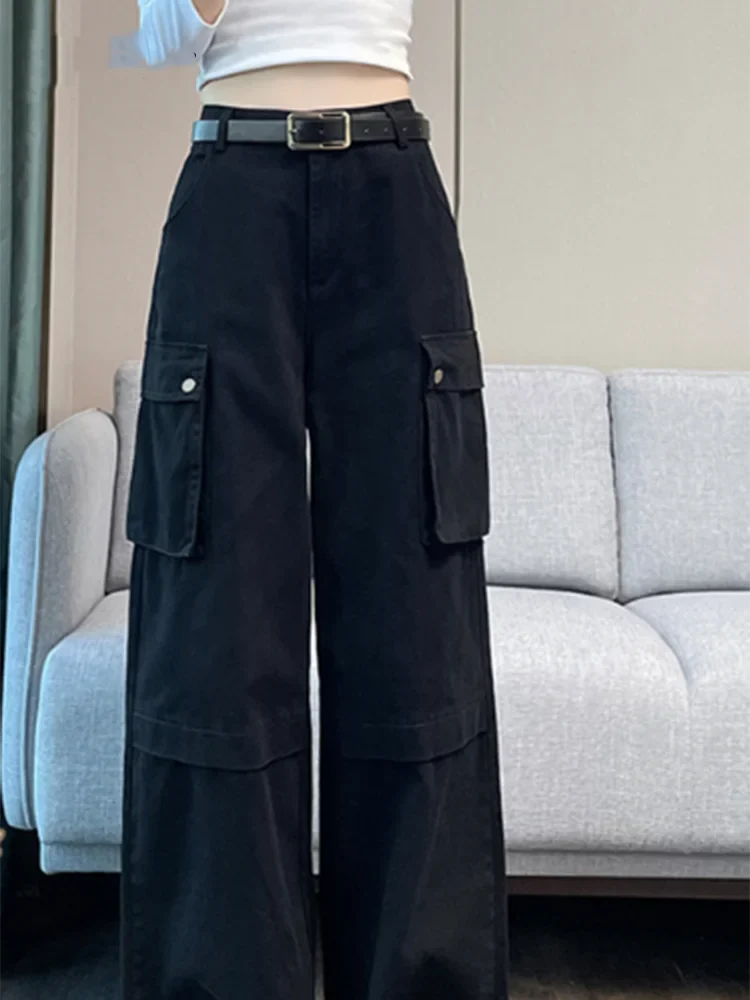 nvxiot - New Y2K Fashion Cargo Women Wide Leg Pants High Waist Chicly Pockets Female Pants Straight Casual Black Loose Trousers Lady