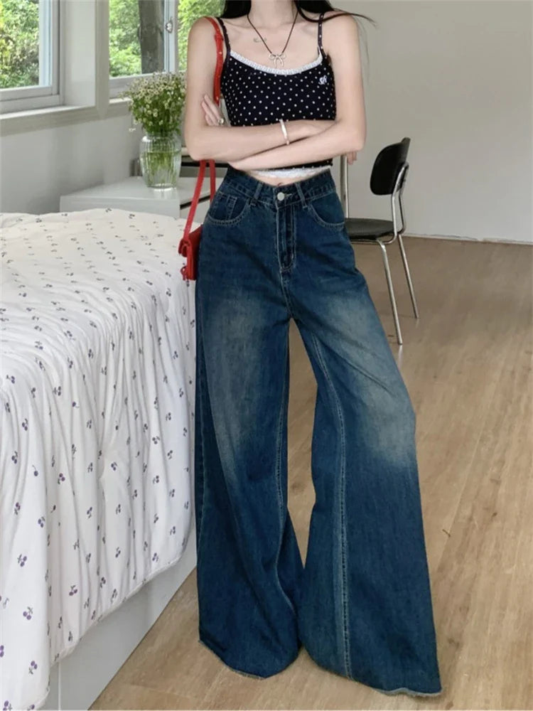 nvxiot - Women's A-line Wide Leg Blue Thin Jeans Young Girl Street Summer New Straight Baggy Bottoms Casual Trousers Female Loose Pants