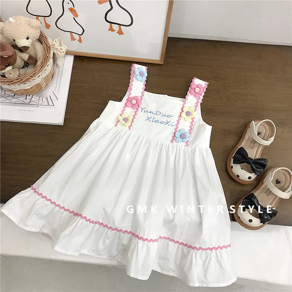 MQTIME - 2024 New Summer Children Girls Dress Korean Cotton Flower Baby Girls Dress Loose Letter Floral Pattern Toddler Girls Sling Dress