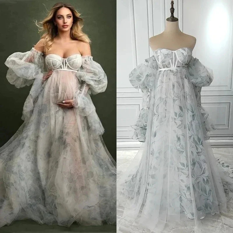 nvxiot Floral Printing Maternity Dress for Photoshoot Pregnancy Pregnant Gowns with Removable Sleeve for Photoshoot Pregnancy