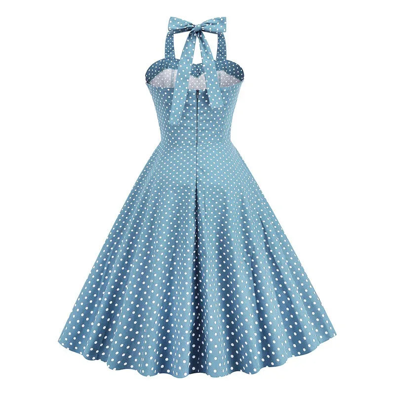 MQTIME - Women Red Polka Dot Party Halter Dress Vintage 50s Rockabilly Hepburn Elegant Strapless Swing Retro Short Midi Tunic Pinup Dress