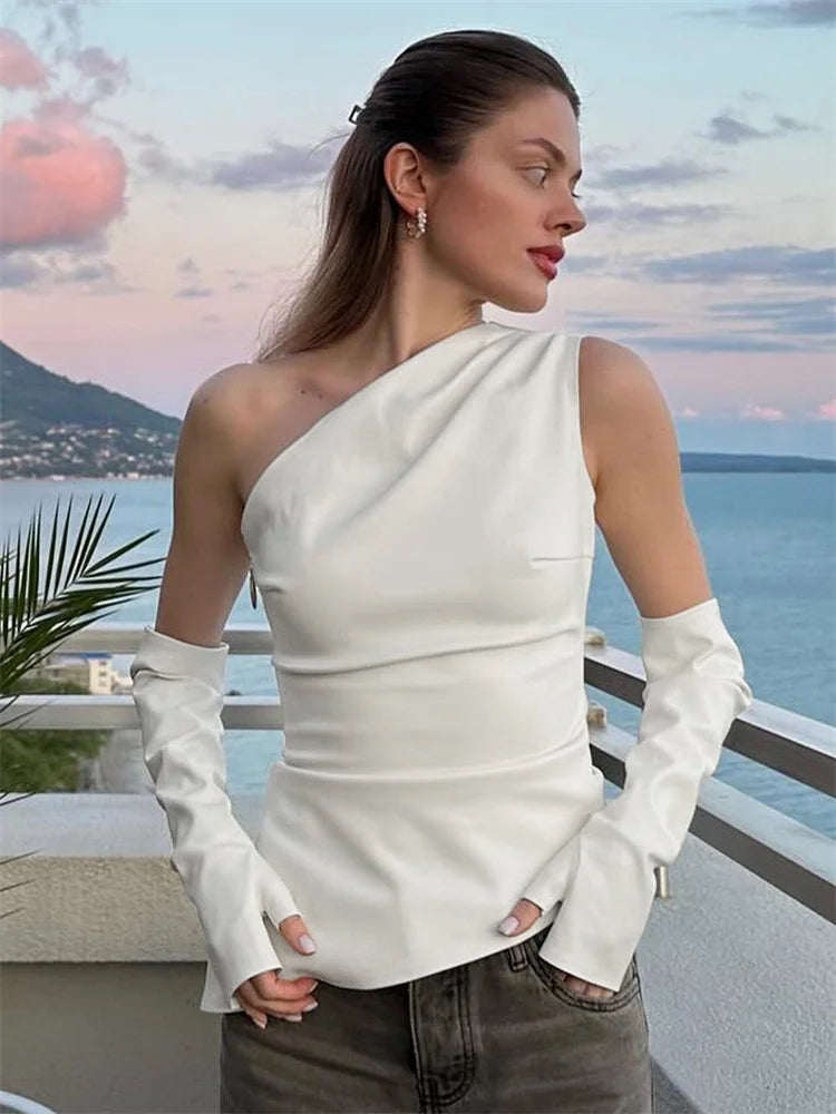 MQTIME - Autumn PU Off-Shoulder Tank Top Cropped Top Female Long Sleeve Slim Solid Patchwork Streetwear Women's Y2k Top Tee 2024