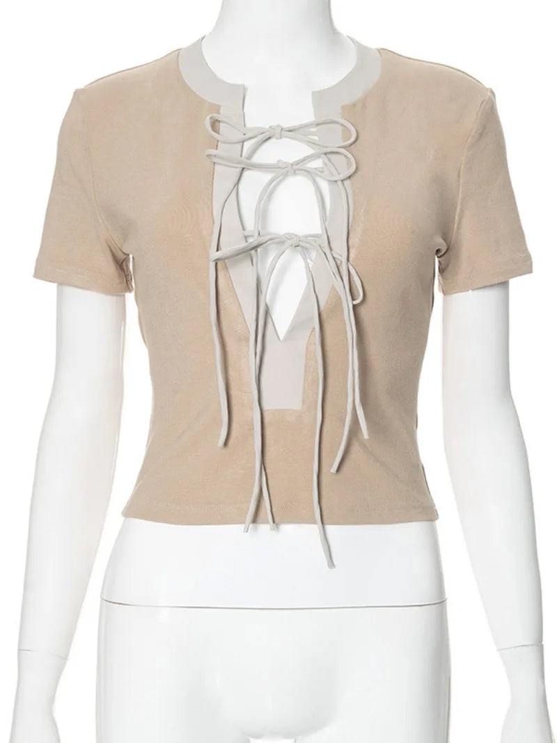 nvxiot - Fashion Short Sleeve Bandage T-shirt 2024 Woman Clothes O-neck Lace-up Slim Crop Top Streetwear Female Coffee Contrast Color Tee