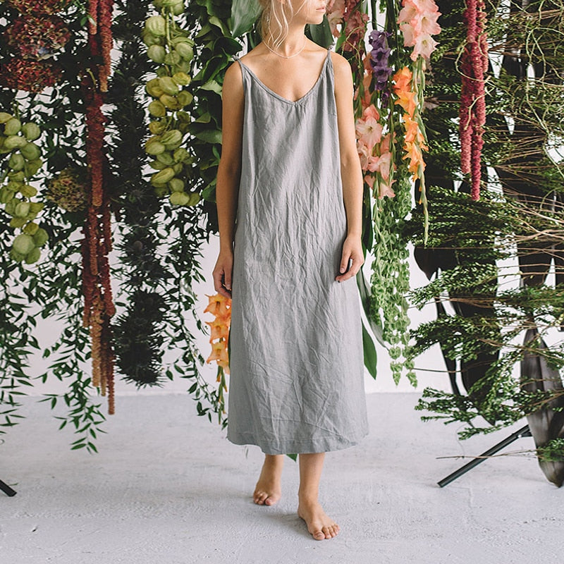 nvxiot Casual Loose Cotton Linen Women'S Dresses Summer Sexy Spaghetti Strap Sleeveless Harajuku Long Midi Party Club Dress