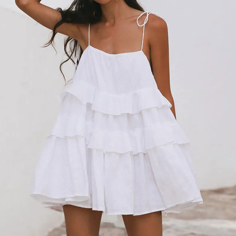MQTIME - Summer Solid Color High Waist Mini Dress Fashion Casual Slash Neck Ruffles Sling Dress Female Cotton Backless Layered Cake Dress