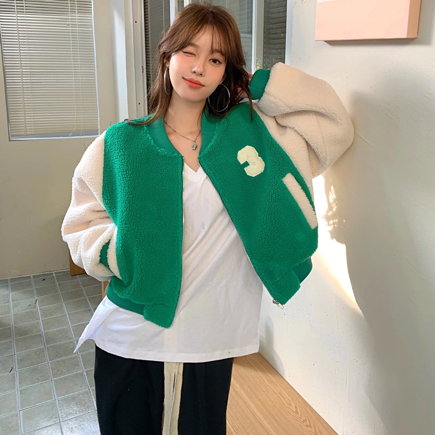 MQTIME - Autumn Winter New Baseball Jackets Fashion Stand Collar Long Sleeve Short Zipper Cardigan Coat Retro Contrast Color Outerwear