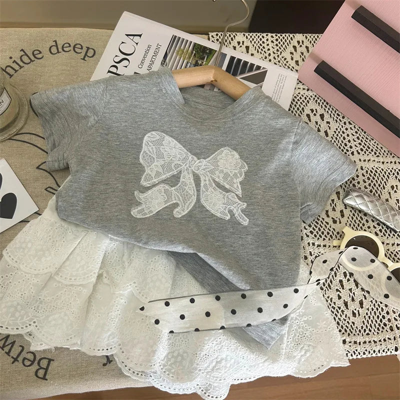 nvxiot - Korean Summer Toddler Girls 2PCS Clothes Set Knotbow Lace Round Collar Tops Hollow Printed Cake Skirt Shorts Babys Girls Outfits