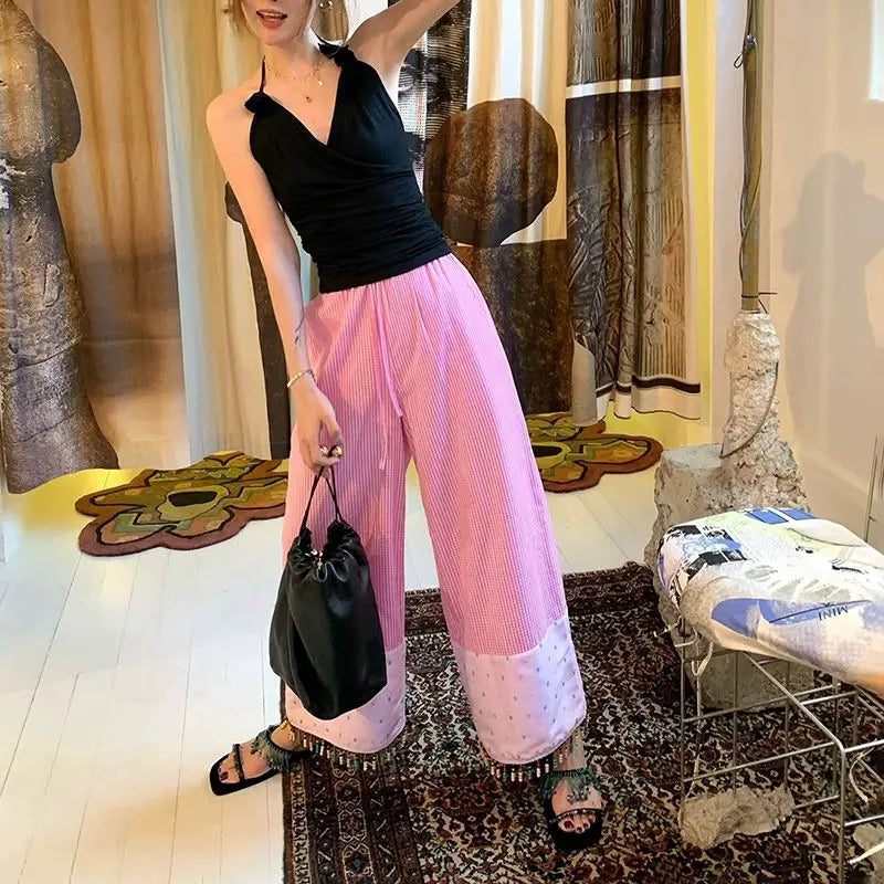 MQTIME - Summer New Fashion Contrast Color Plaid Splicing Heavy Industry Beaded Wide Leg Pants Women Trendy HIgh Waist Loose Casual Pants