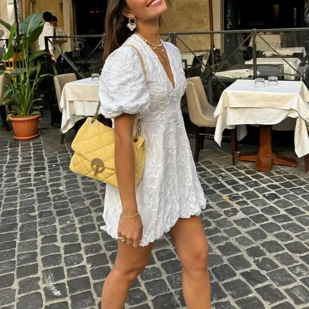 MQTIME - Solid Floral Embroidered Voluminous Mini Dress V-Neck Puff Sleeve White Tutu Mini Dress Woman Elegant Party Holiday Wear