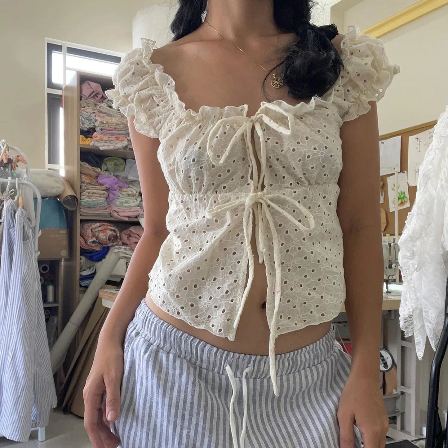 nvxiot - Sweet Cute Hollow Out T Shirt French Style Slim Square Collar Short Sleeve Tees Women 2024 Summer Fashion Streetwear