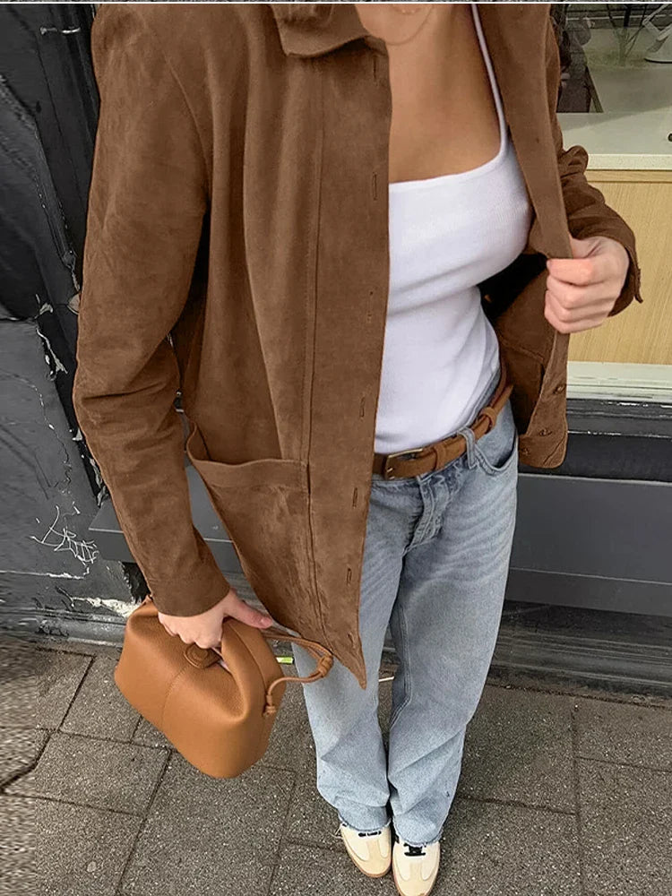 MQTIME - Fashion Suede Turn Down Collar Coat for Women Casual Single Breasted Pocket Loose Female Jackets 2024 Autumn Winter Lady Coats