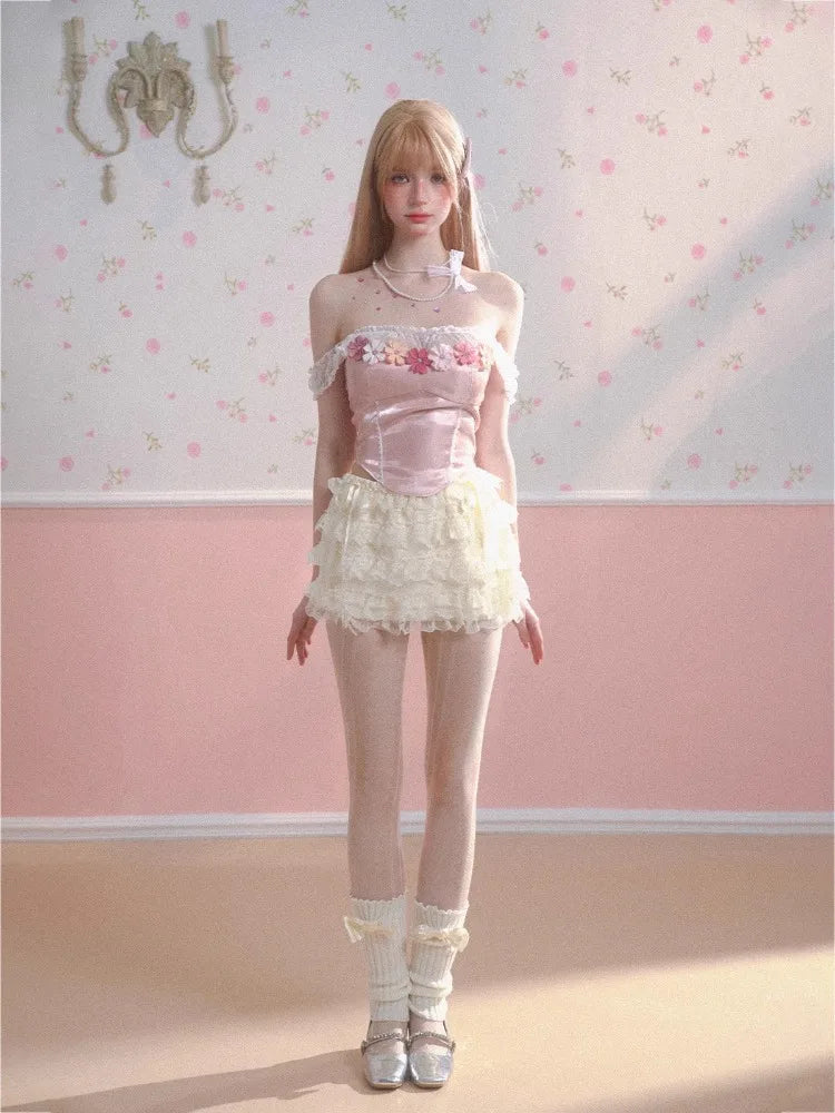 MQTIME - Pink Flower Off Shoulder T Shirts for Women Ballet Style Lace Patchork Corset Y2k Tops Summer Fashion Aesthetic Clothes