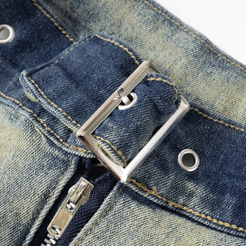 nvxiot - Women Fashion Vintage Denim Tank Crop Tops Front Zipper Split Belt Halter Backless Tassel Jeans Vests Casual Y2k Streetwear