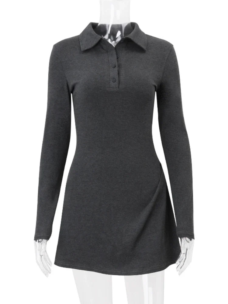 nvxiot - V Neck Grey Mini Dress Women 2024 New Trendy Lapel High Waist Long Sleeve Short Dresses Winter Street Casual Party Dress