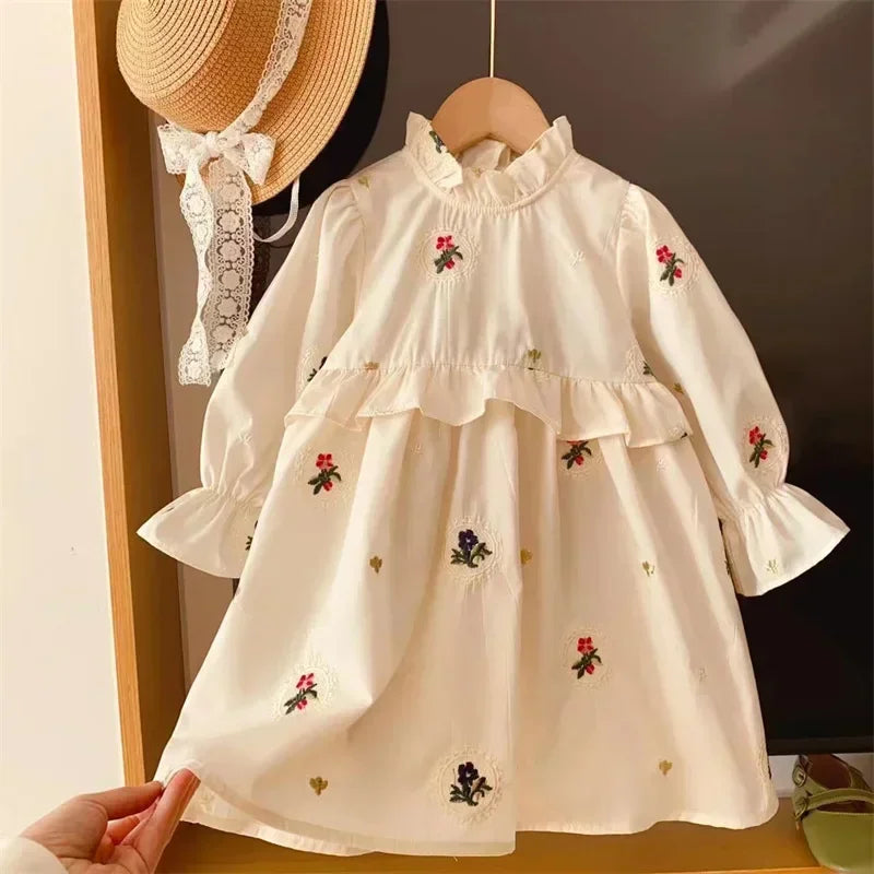 MQTIME - Girls Dress Autumn Girls Princess Dress New Spring Children Kids Baby Embroidery Ruffle Long Sleeve Dresses Vestidos 2-8Yrs