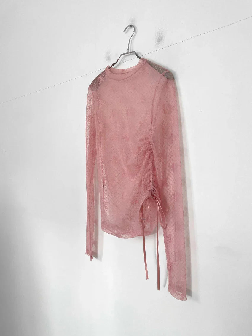 nvxiot - Spring Summer Y2k Tops Pleated Lace-up See-through Lace Base T-shirt Bow Printing Woman Korean Fashion Camisetas