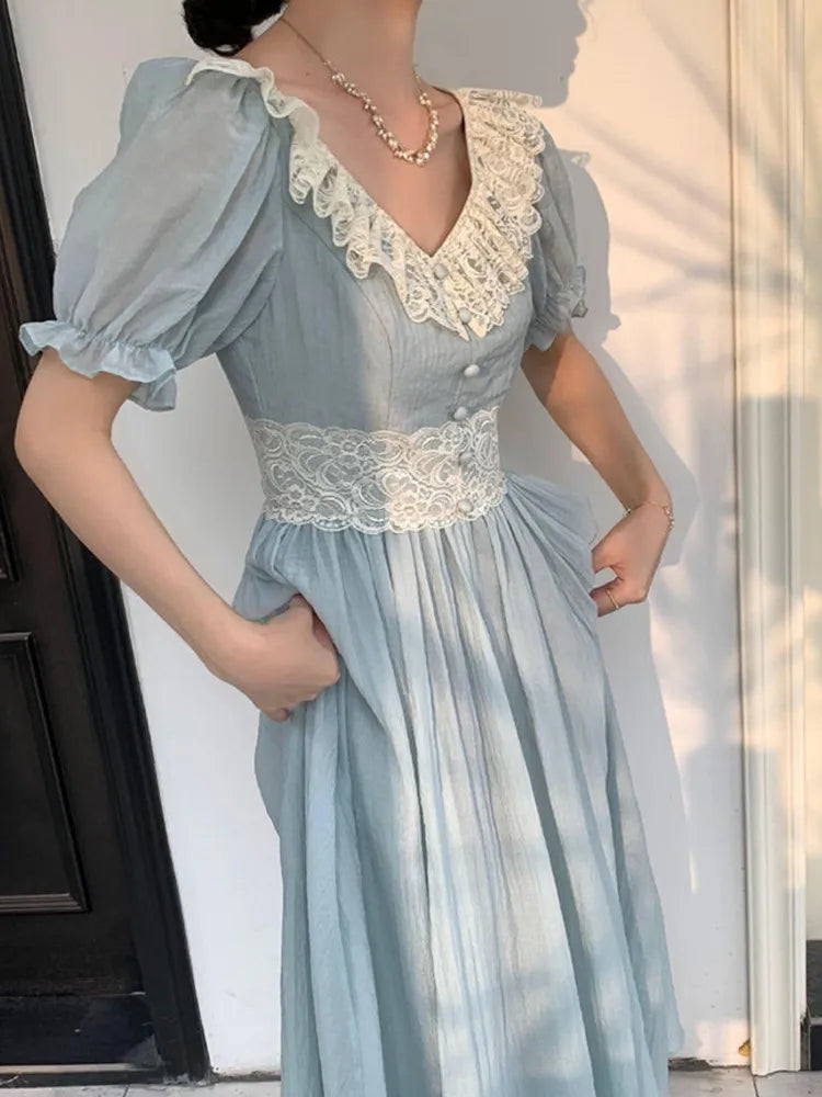 MQTIME - French Puff Sleeve Women Dress For Summer New Vintage Slim Waist Party Midi Dresses Chic V-neck Lace Lady Vestidos Robe A-line