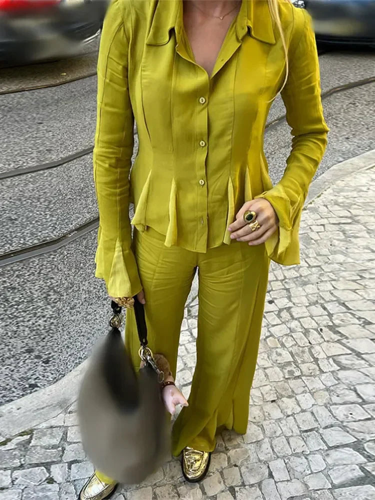 nvxiot - Elegant Solid Trumpet Pants Shirt Set Women Fashion Lapel Buttons Flared Long Sleeves Shirt Pants Suit Chic Lady Street Outfits