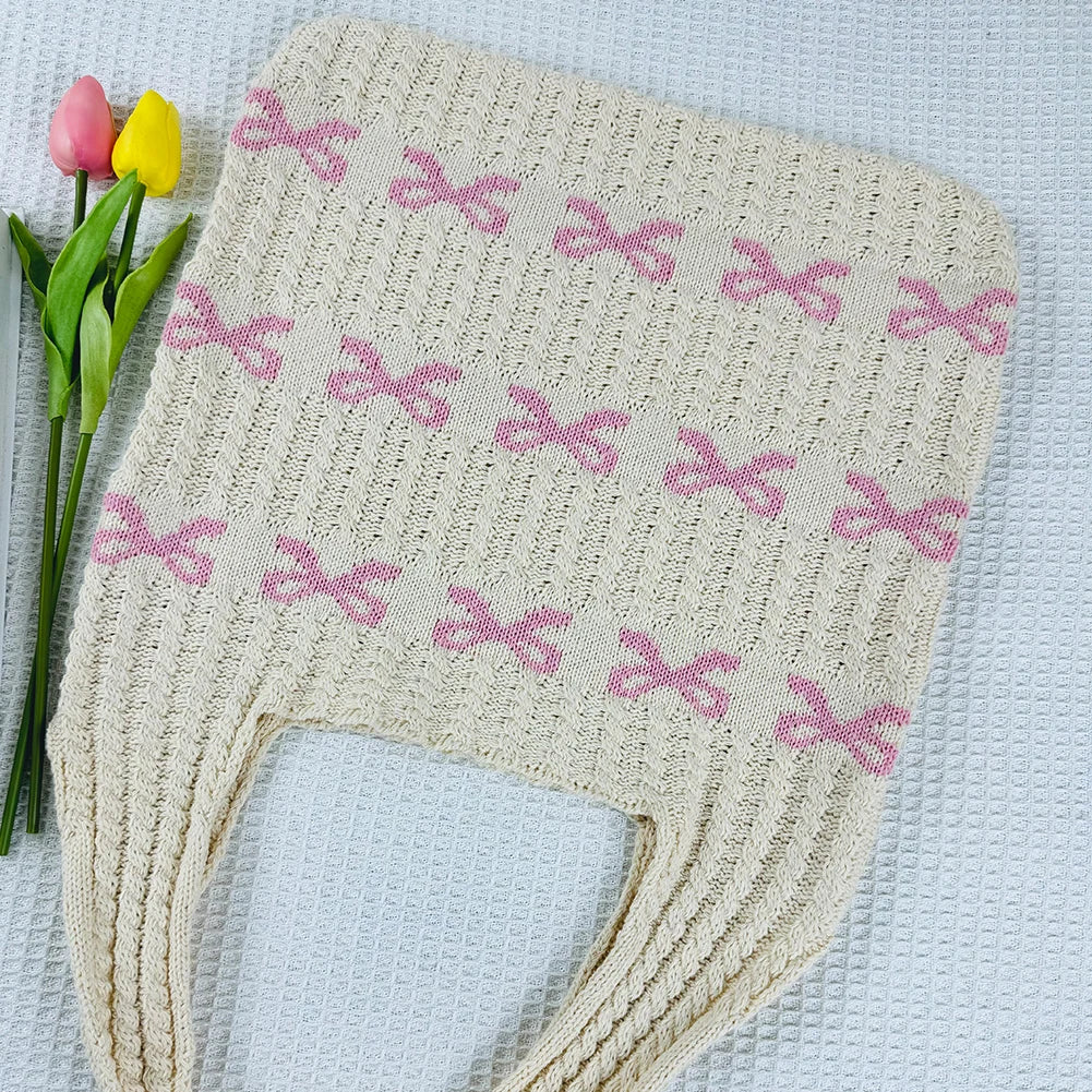 nvxiot - Knitted Handbags Large Capacity Bow Pattern Crochet Tote Bag Bow Pattern Crochet Tote Bag Multifunctional Knitted Shopping Bag