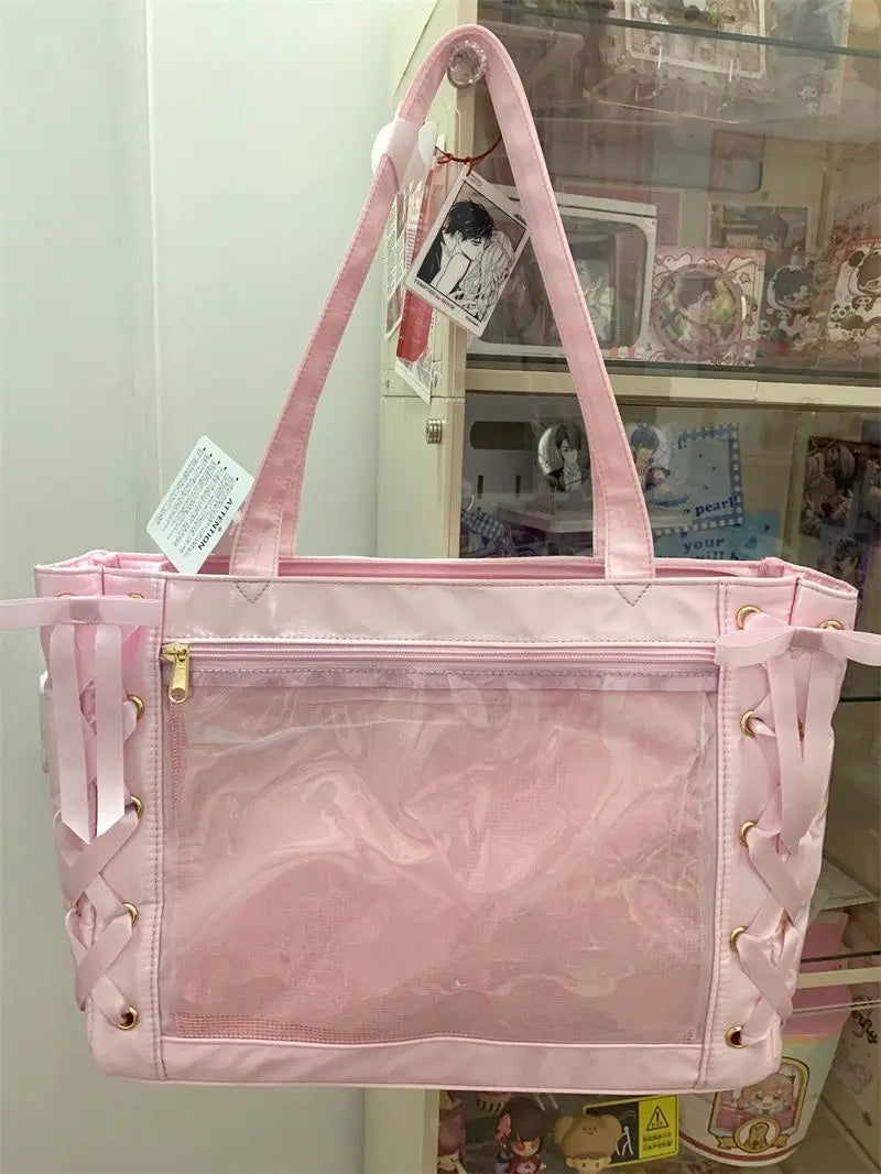 MQTIME - Sweet Lolita Pink Ita Bag Women Japanese Transparent Large Capacity Tote Bag Ladies Harajuku Kawaii Handbag Aesthetic