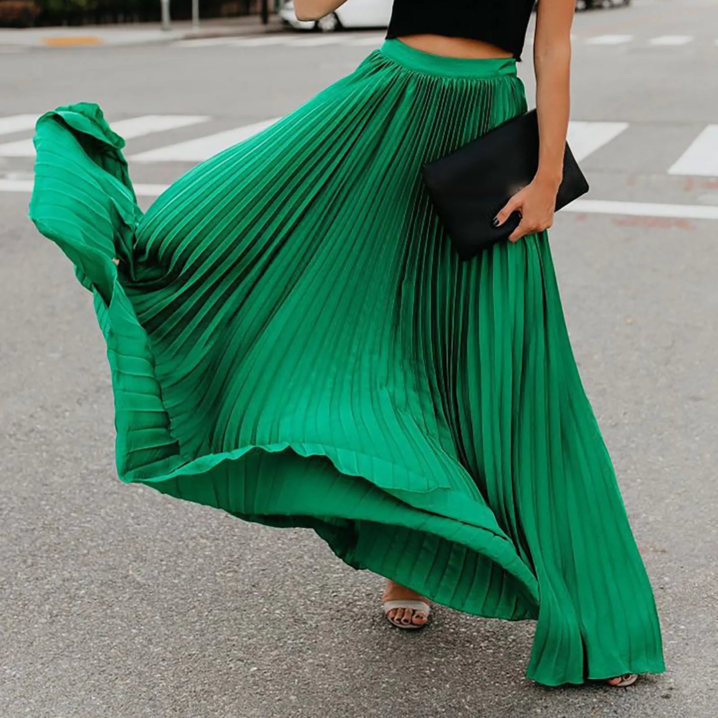 MQTIME - Women's Fashion High Waist Big Swing Maxi Skirts Vintage Bohemian Solid Color Pleated Long Skirt Female Holiday Beach Wear