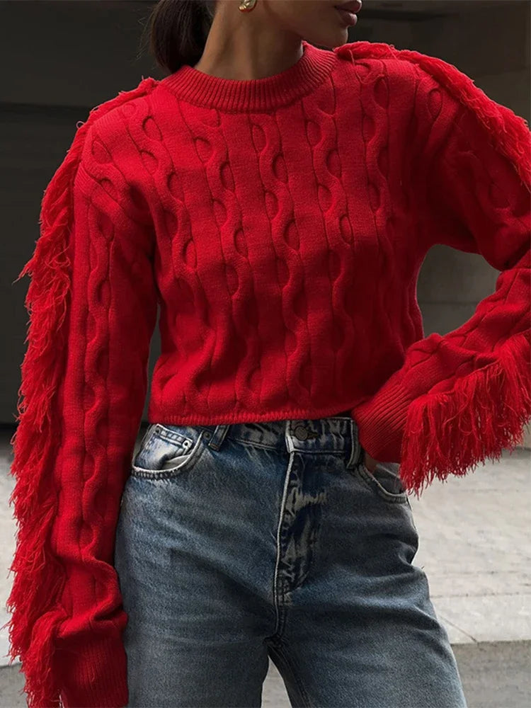 MQTIME - Tassel Long Sleeve Sweater For Women's 2024 Winter Slim O Neck Short Pullover Autumn Street Red Trendy Slim Knit Sweater