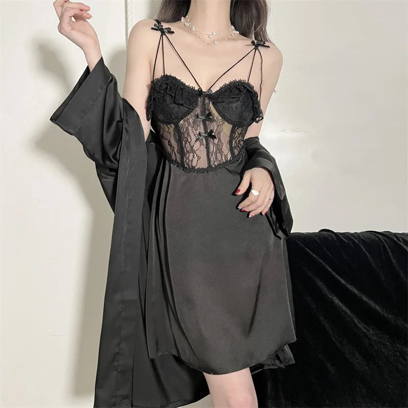 MQTIME - Women Robe And Gown Sets Light Purple Bathrobe Sexy Lingerie Satin Kimono Two Piece Set Summer Lace Hollow-out Nightgown