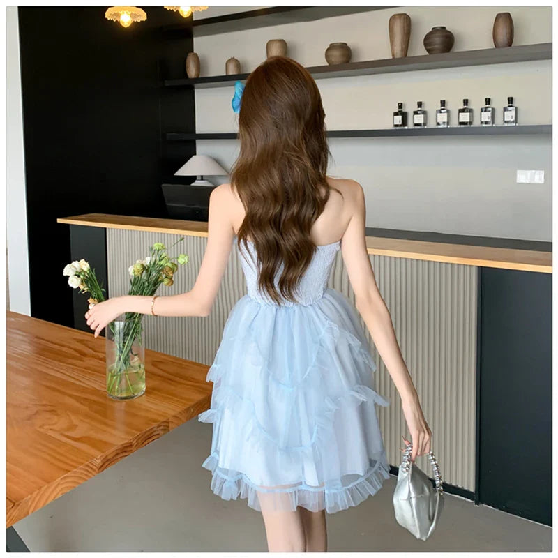 nvxiot - Cute Sweet Sleeveless Cake Dress for Women Summer 2024 Strapless Slim Mesh Bow Elegant Chic Party Birthday Dresses Korean