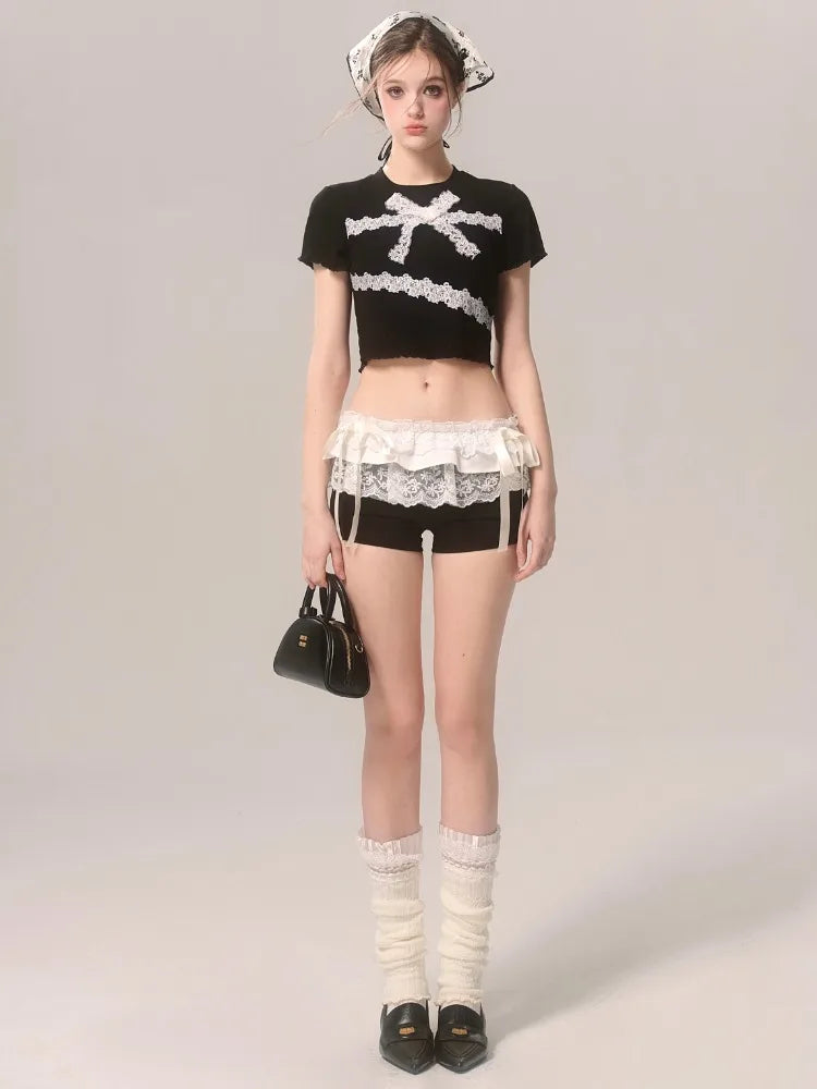 nvxiot - Lace Patchwork Black Shorts Women Bow Elastic Waist Sexy Girl Tight Short Pants Summer Ballet Style Chic Kawaii Clothes
