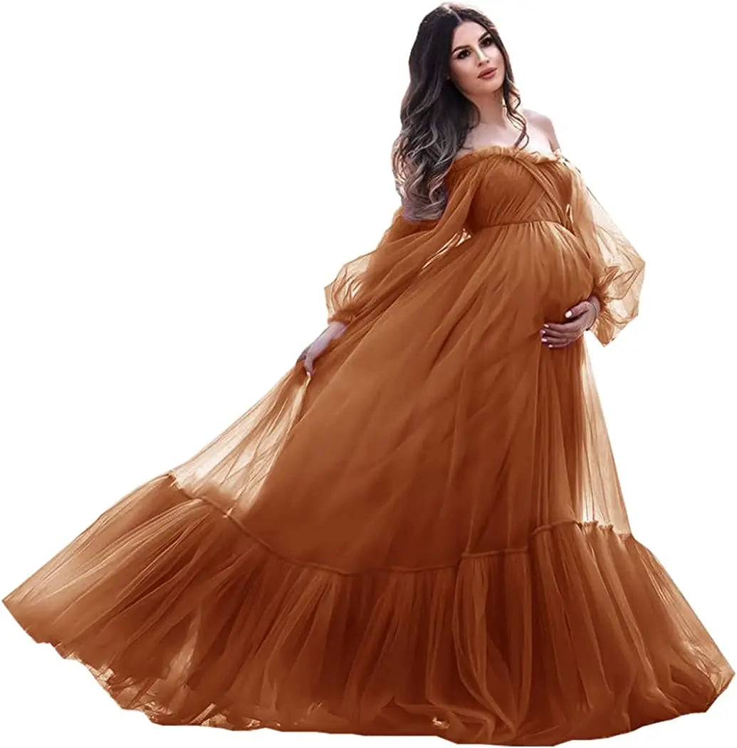 nvxiot - Puffy Sleeve Maternity Dress Tulle Robe With Underskirt for Photoshoot Off Shoulder Pregnancy Baby Shower Gown