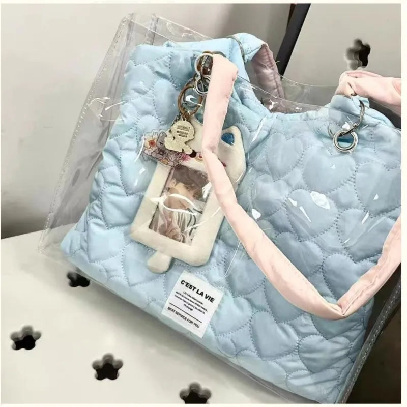 nvxiot - Harajuku Blue Shoulder Bags Women Transparent Large Capacity Casual Tote Bag Ladies Sweet Canvas Messenger Bag Aesthetic