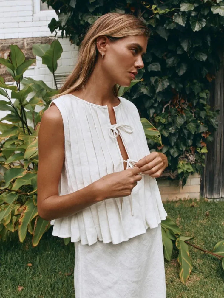 nvxiot - White Cotton Linen Shirt for Women Elegant Sexy Sleeveless Lace Up Blouse Summer Fashion Pleated Causal Holiday Shirts 2024