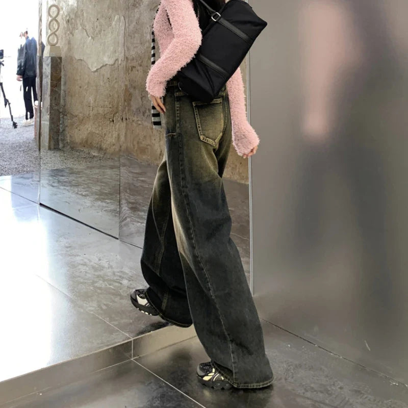 nvxiot Korean Retro Distressed Bleached Y2K Casual Jeans Women Autumn New High Waist Loose All Match Washed Denim Wide Leg Pants