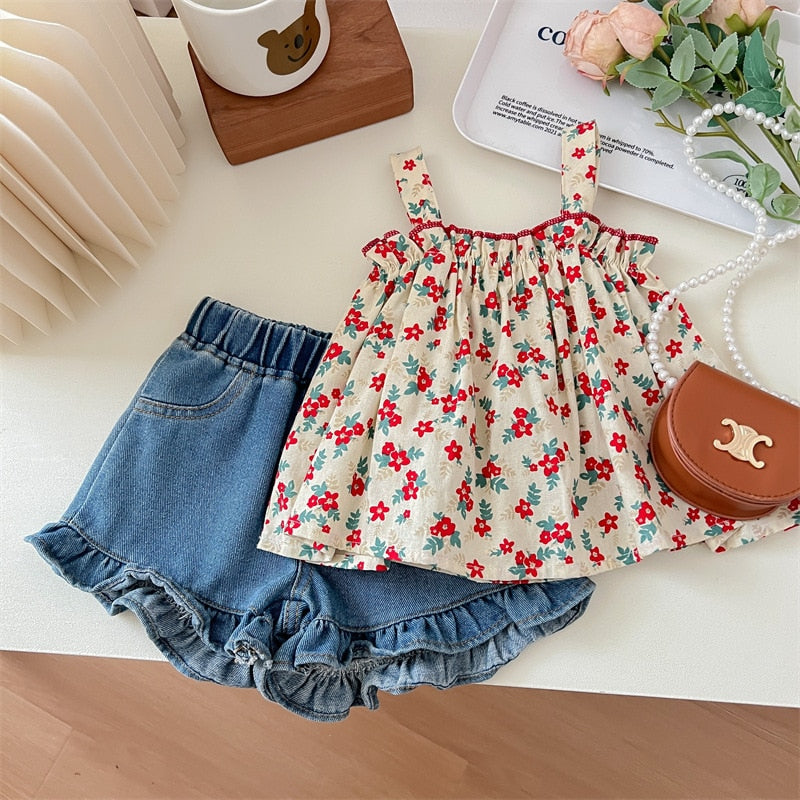 nvxiot Summer Baby Girl Clothes Sets Floral Sleeveless Sling Top + Denim Shorts Kids Clothes Girl Fashion Pastoral Style Shorts Outfits