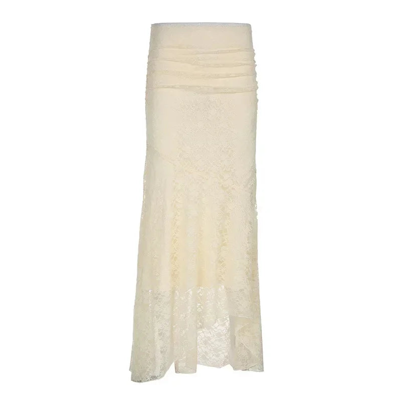 MQTIME - Semi Sheer Midi Long Skirt with Two Layer Lace Trumpet Mermaid Maxi Skirts @e-girl fairycore 2000s grunge goth aesthetic korean