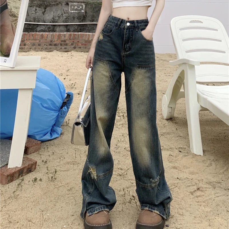 nvxiot Vintage Y2K Distressed Hole All Match Washed Jeans Women Summer New High Waist Bleached Loose Casual Wide Leg Pants