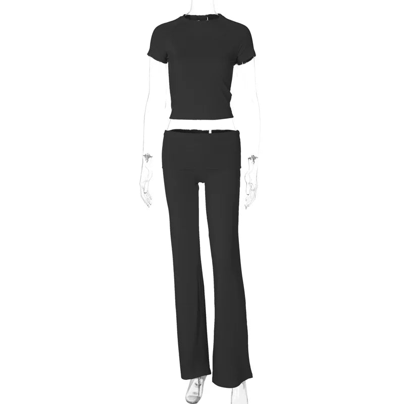 nvxiot - Women Solid Ribbed Tracksuits Summer Casual 2 Piece Set Short Sleeve T-shirts Crop Tops Folded Waist Slim Flare Pants Suits