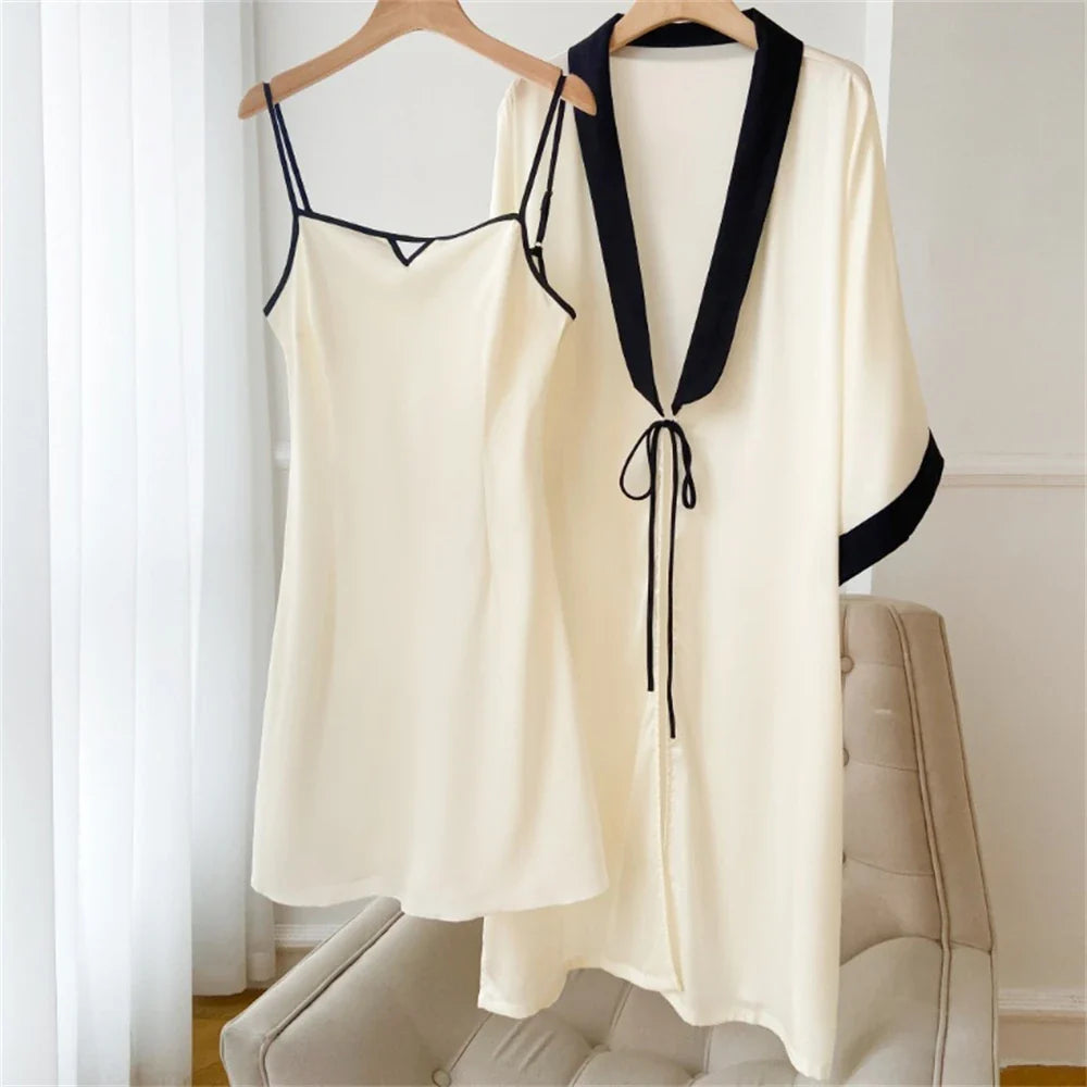 MQTIME - 2 Pieces Home Clothing Women Pyjamas Sets Faux Silk Pajamas Sleepwear Sets Bath Gown Robe