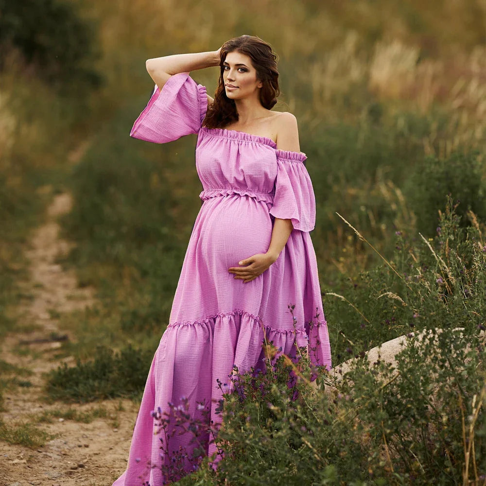 nvxiot - Women Boho Dress Comfortable Linen Cotton Maternity Clothing Vintage Short Sleeve Dress For Pregnancy Photo Shoot