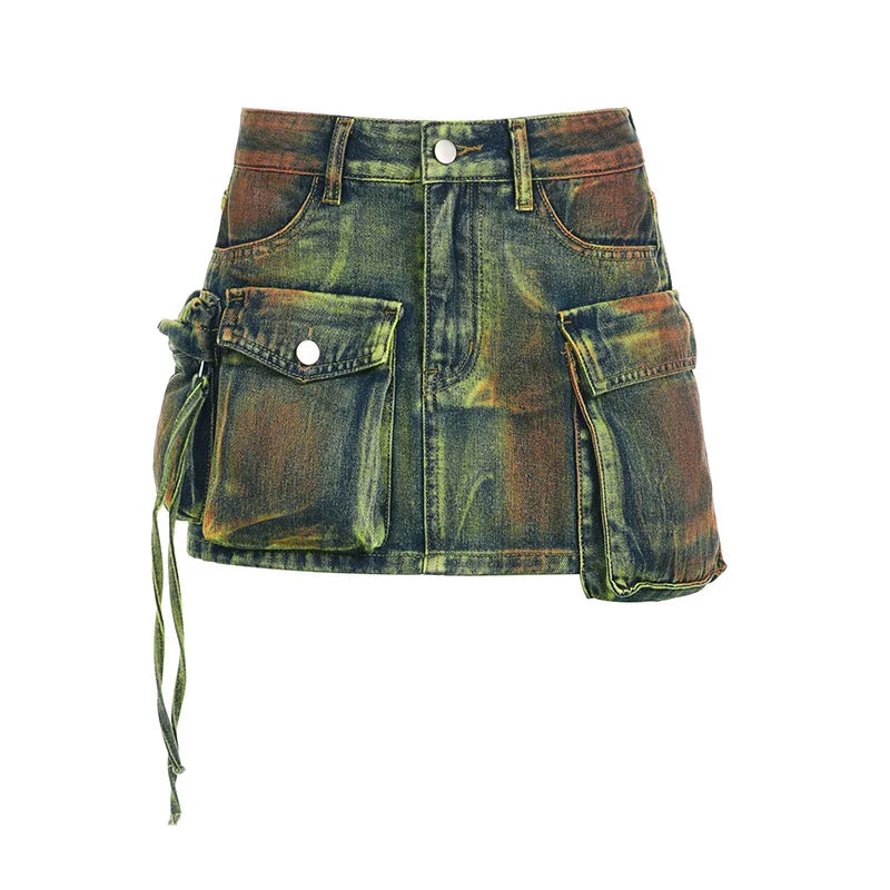 nvxiot - Vintage Tie Dye Print Cargo Mini Denim Skirts Women Fashion Multi Pocket Mid Waist Button Fly Casual Jeans Bottom Y2K Streetwear