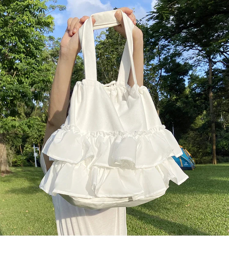 MQTIME - Ruffle White Y2k Handbag Women New Fairycore Drawstring Canvas Casual Shoulder Bag Ladies Harajuku Aesthetic Handbags